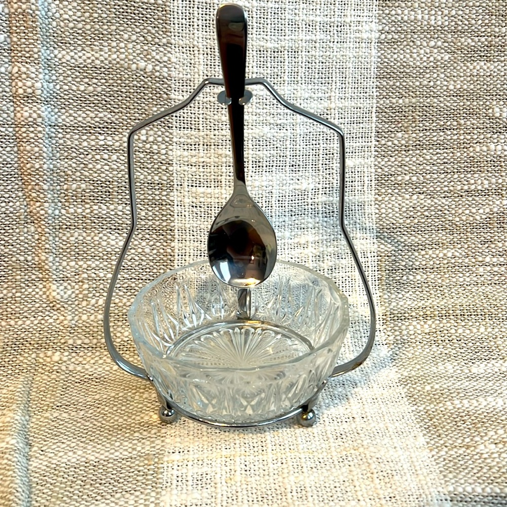 Vintage Glass Jam Condiment Sugar Bowl with Stainless Steel Holder and Spoon